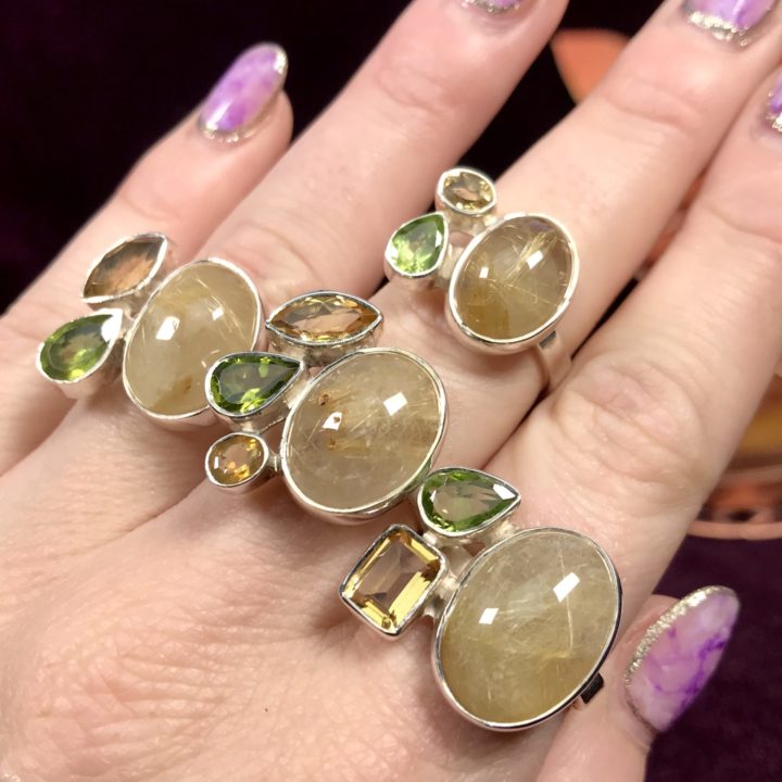 Golden Rutilated Quartz Peridot and Citrine Rings