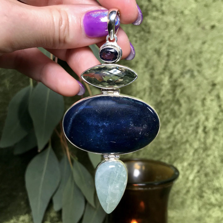 Vivianite, Prasiolite, Green Moonstone, Blue Kyanite Pendant