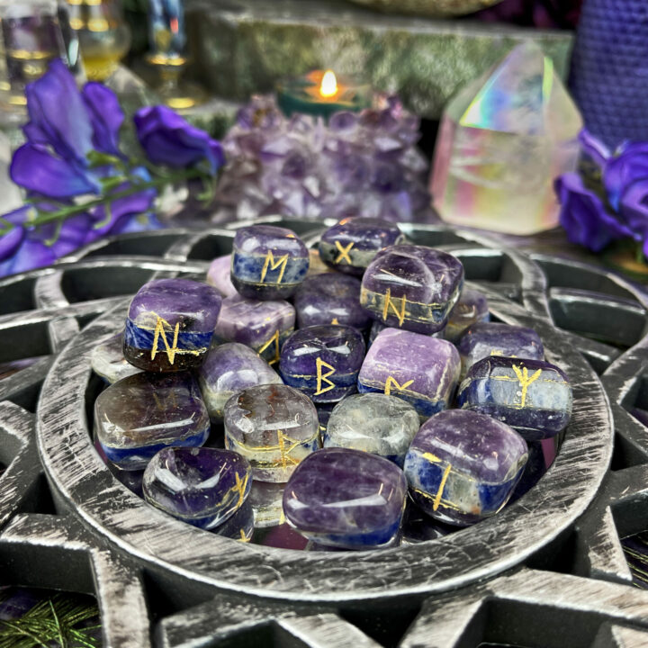 Lepidolite, Sodalite, and Amethyst Peace Rune Set