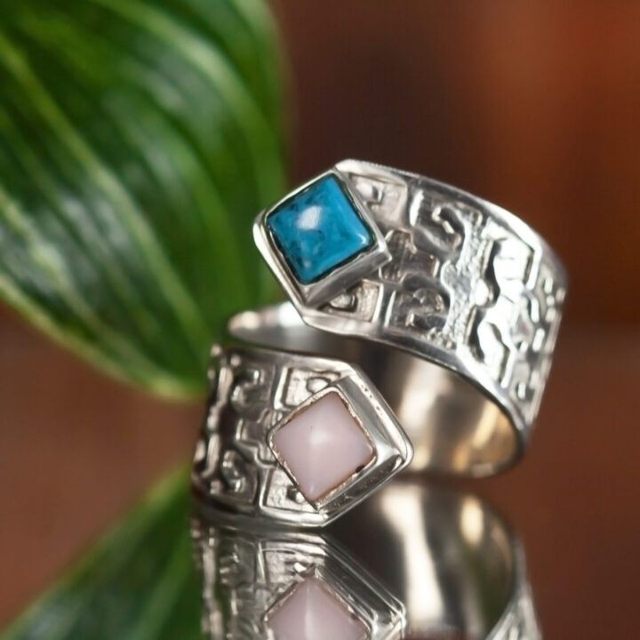 Peruvian Chrysocolla and Pink Opal Shipibo Ring