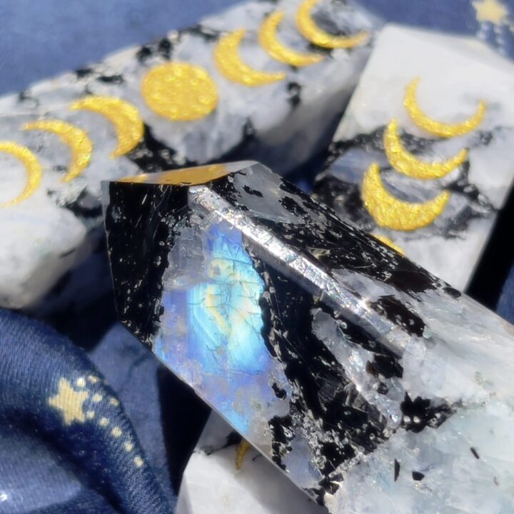 Double Terminated Rainbow Moonstone Moon Phase Wand