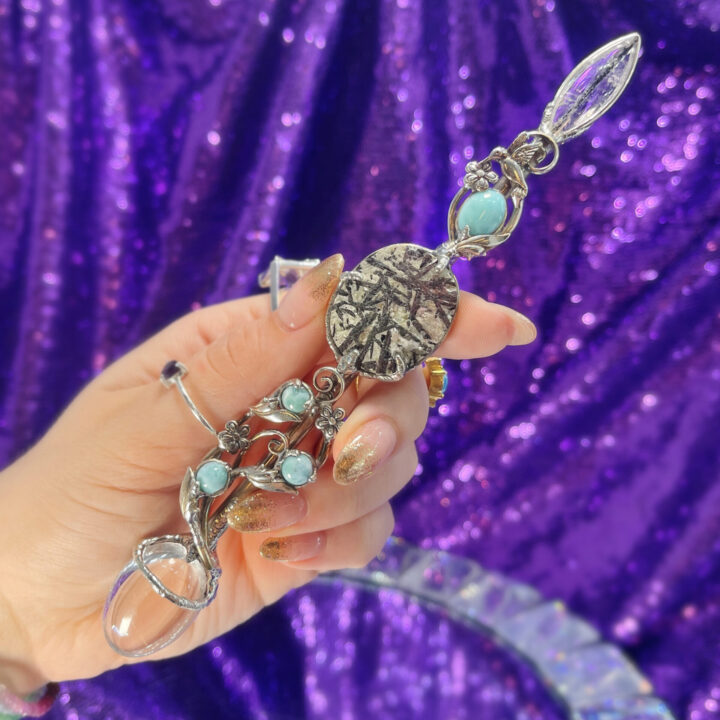 Larimar, Tourmalinated Quartz, and Astrophyllite with Flowers Wand