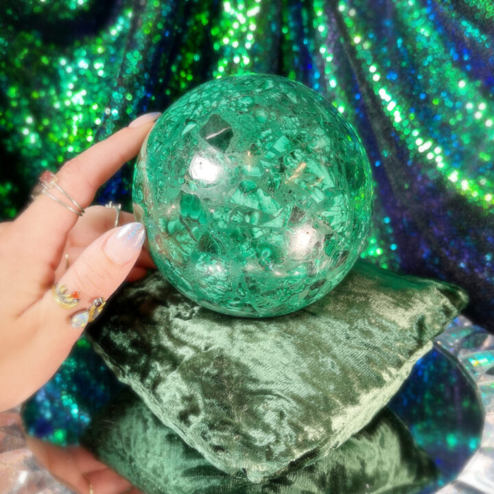 Malachite Sphere with Velvet Pillow