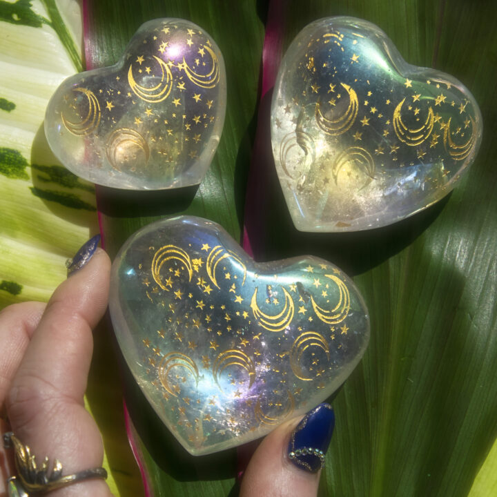 Moon and Star Engraved Angel Aura Quartz Heart