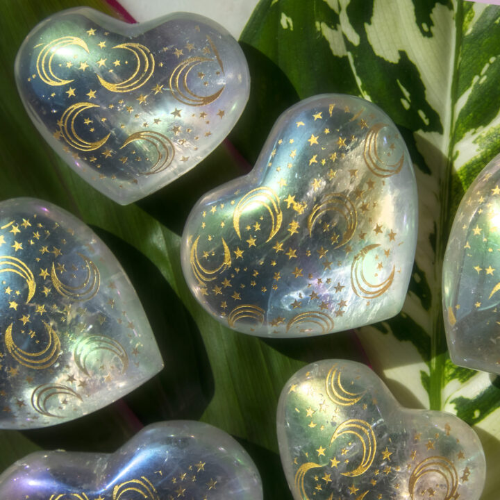 Moon and Star Engraved Angel Aura Quartz Heart