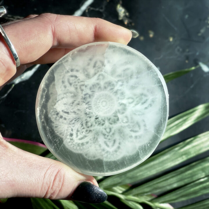 Selenite Tarot Charging Plate with Black Kyanite Spear