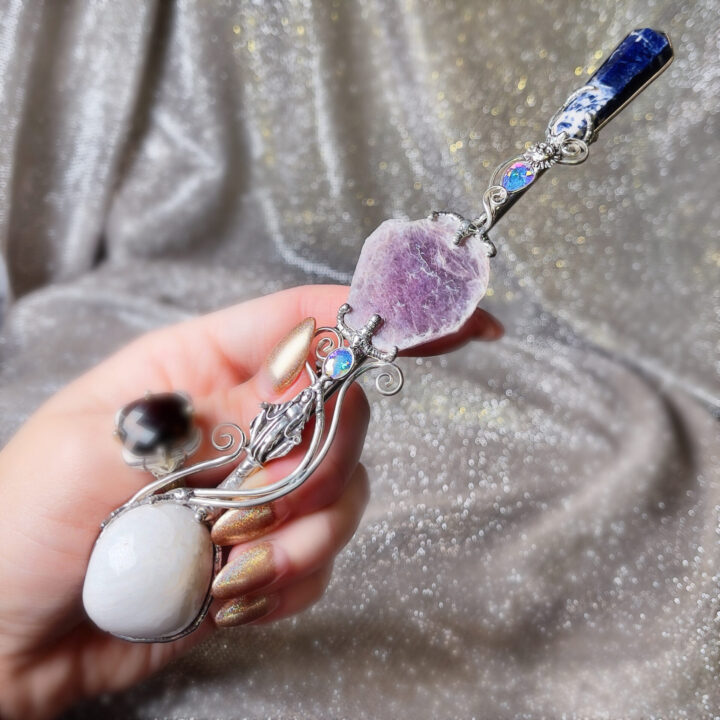 Sodalite Lepidolite Scolecite and Angel Aura Mystic Topaz Wand