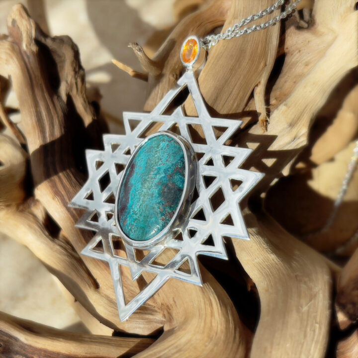 Shattuckite with Orange Sapphire Sri Yantra Pendant