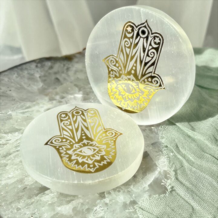 White Light Protection Selenite Hamsa Altar Plate