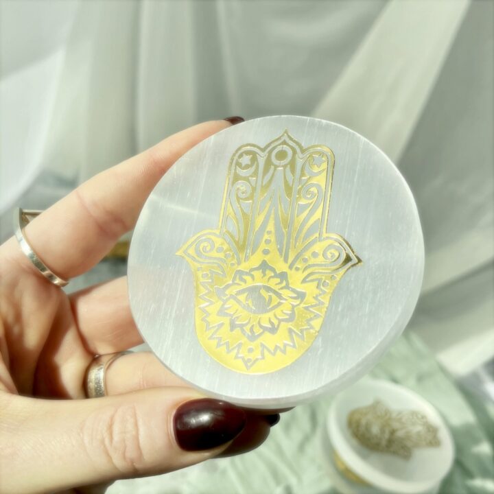 White Light Protection Selenite Hamsa Altar Plate