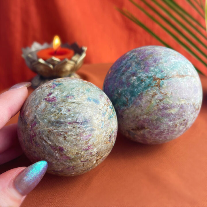Ruby Kyafuchsite Sphere with Vanilla Rose Massage Oil Duo