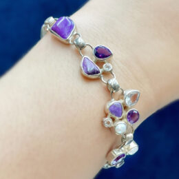 Charoite, Amethyst, White Topaz and Fresh water Pearl Bracelet