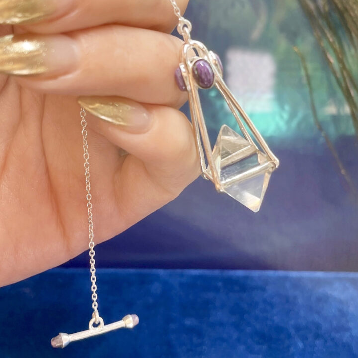 Clear Quartz Octahedron Pendulum with Charoite Accents