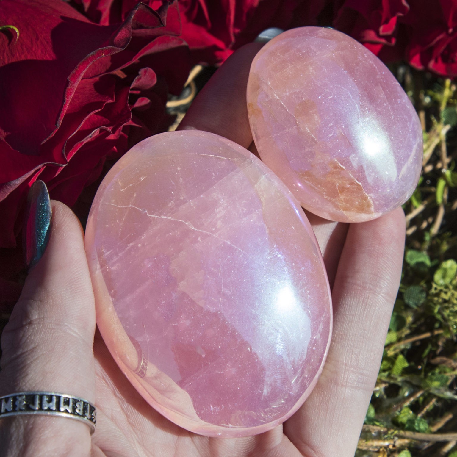 Angel Aura Rose Quartz Palm Stone for heart healing and love manifesting