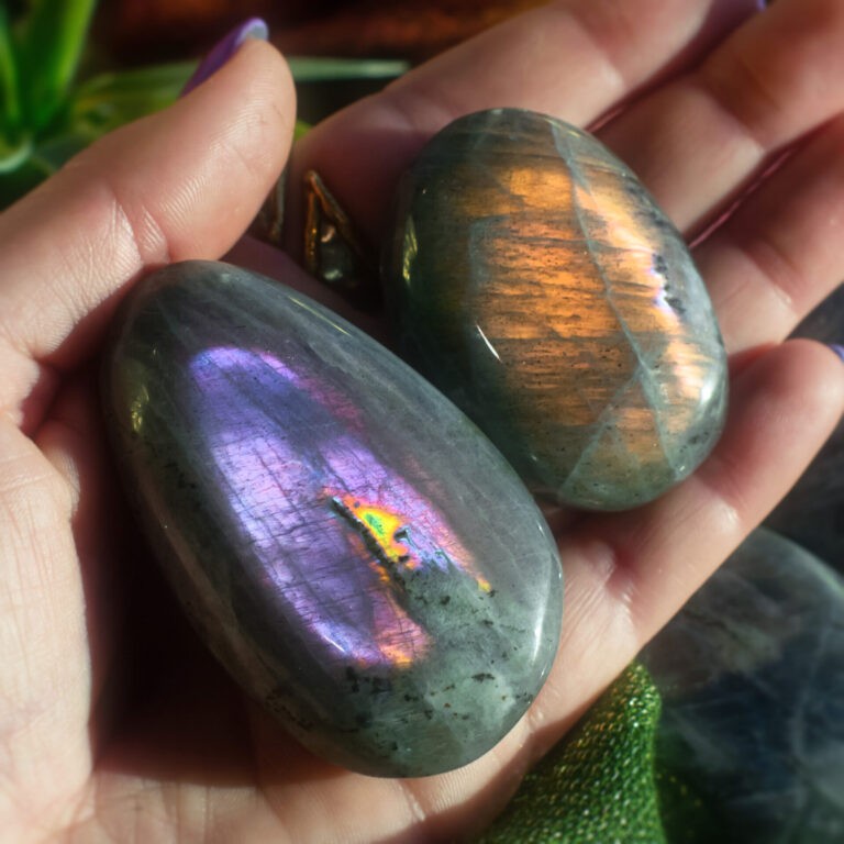 Sage Goddess Tucson at Twilight: Purple Flash Labradorite Palm Stone