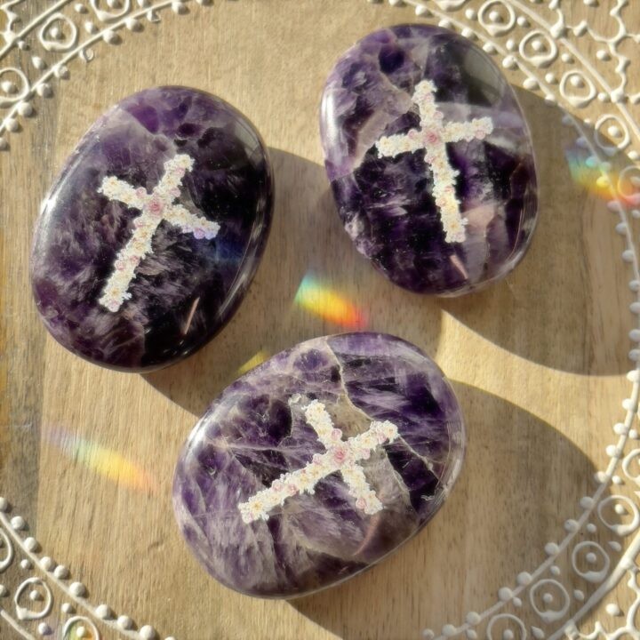 Floral Cross Amethyst Palm Stone