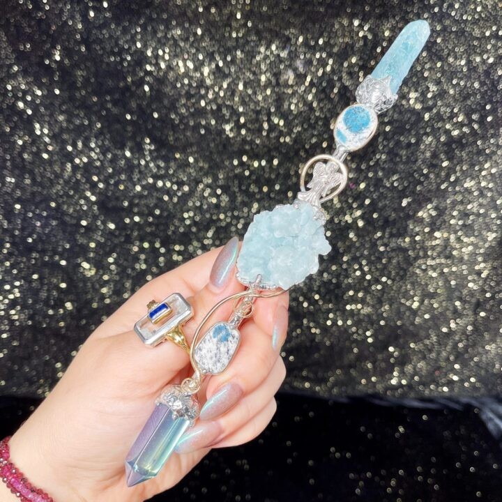 Aqua Aura Quartz, K2 and Smithsonite Wand