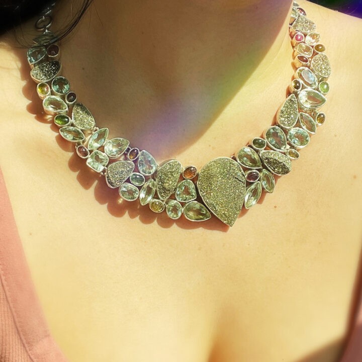 Spectropyrite, Green Amethyst, and Tourmaline Necklace