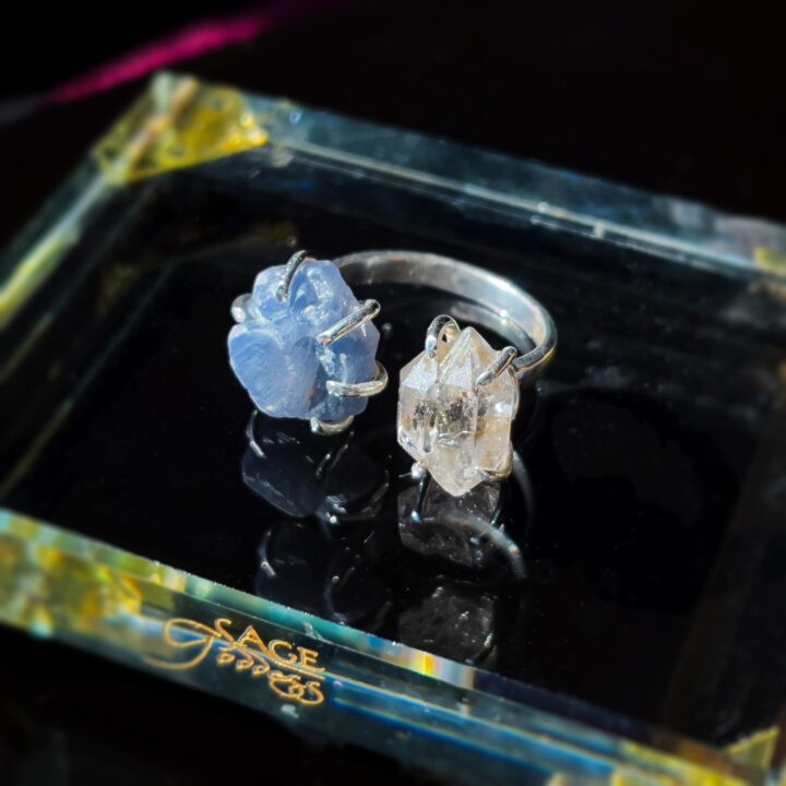 Healing Wisdom Blue Sapphire and Herkimer Diamond Ring