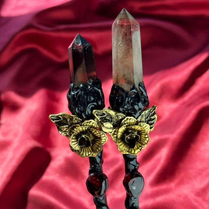 Persephones Wand with Smoky Quartz and Red Aura Quartz