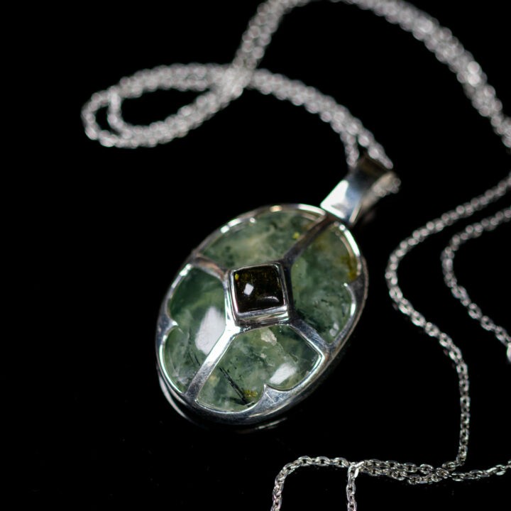 Prehnite with Epidote and Green Tourmaline Pendant