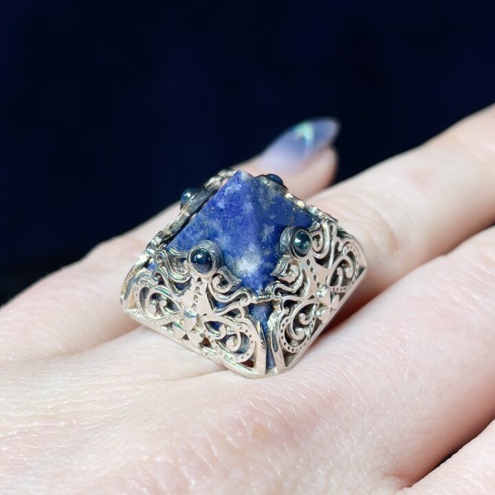 Sage Goddess Gemstone Sale: Lapis Lazuli with Blue Sapphire Pyramid Ring