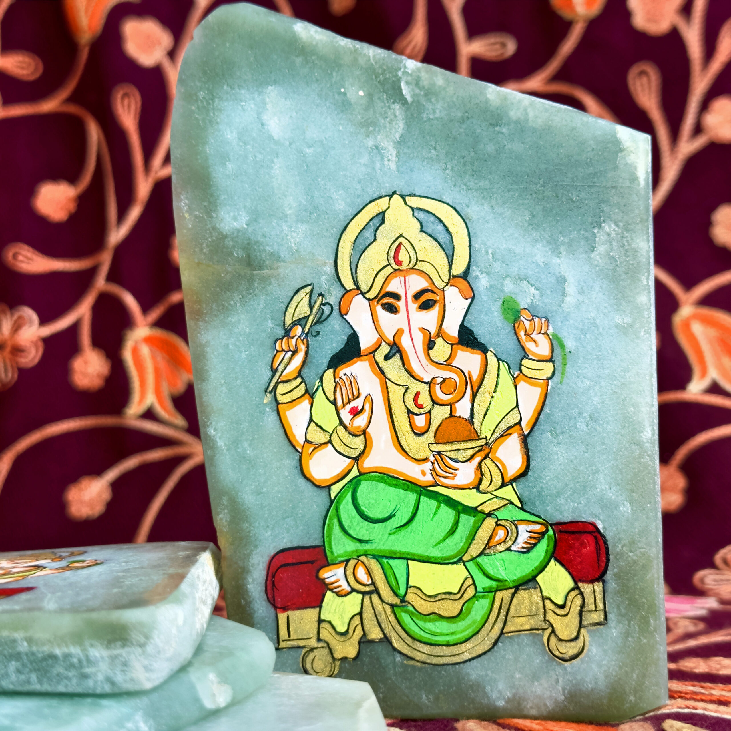 Image of Green Aventurine Gridding Plate with Hand Painted Ganesha