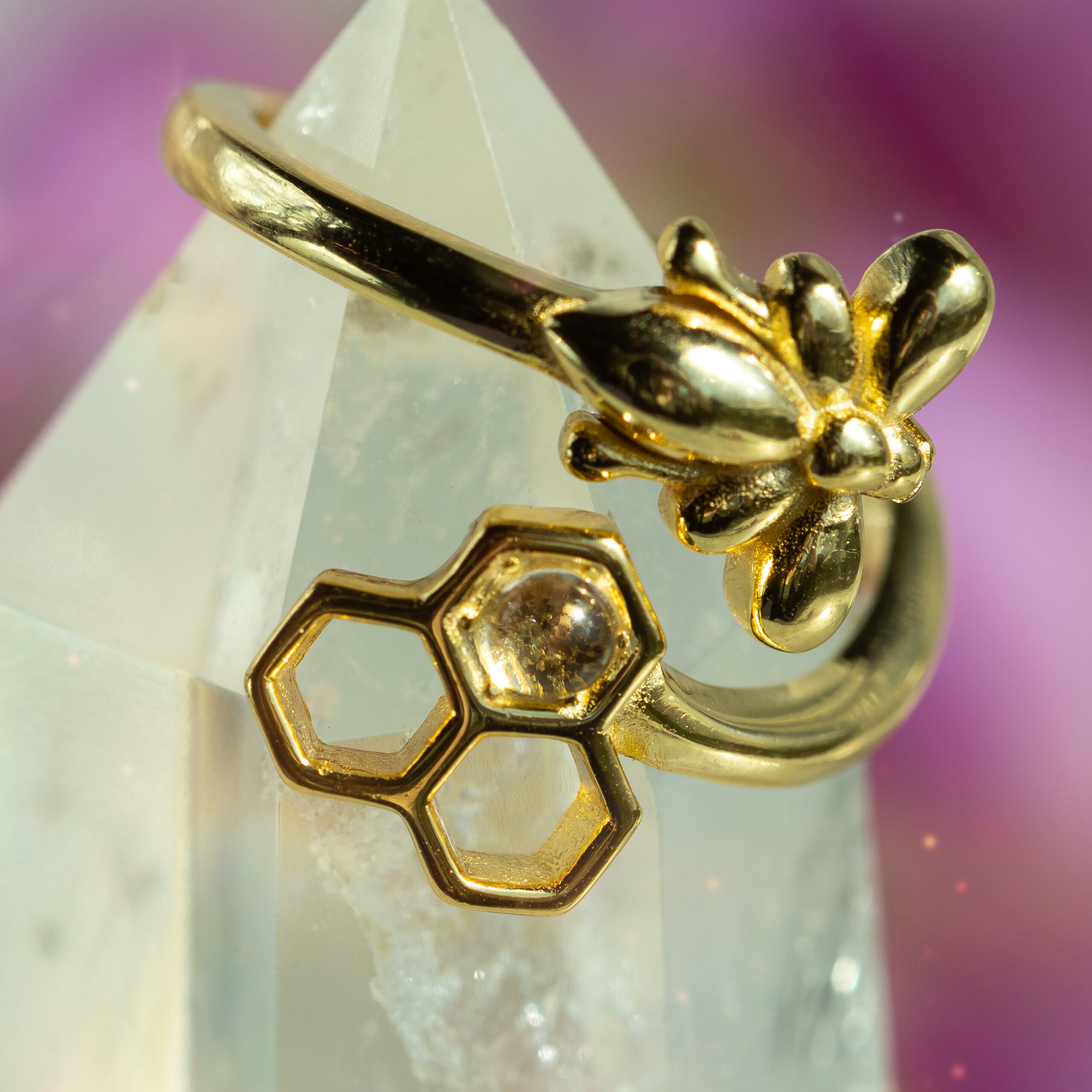 Image of Clear Quartz Honeycomb Bee Ring