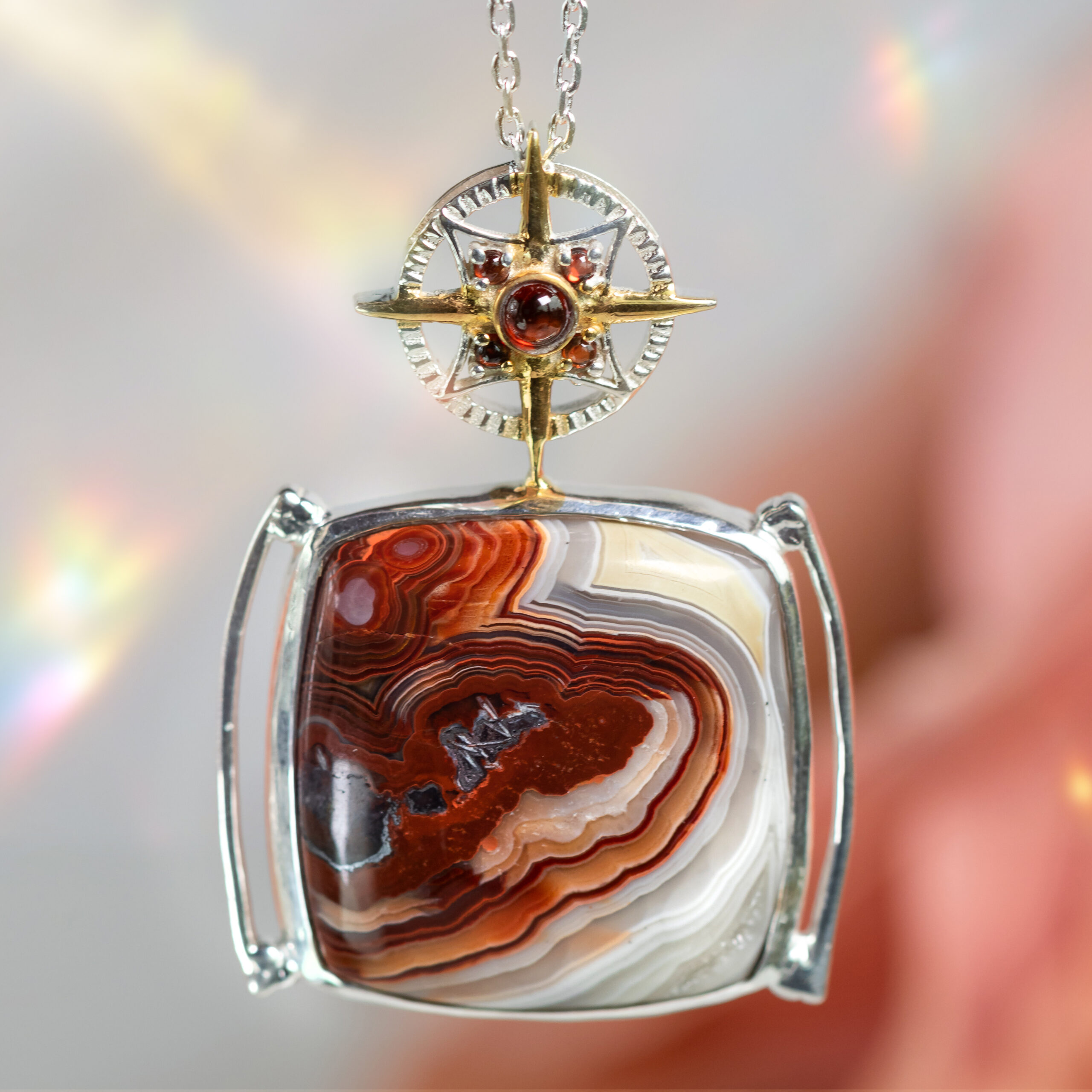 Image of Crazy Lace Agate & Garnet Compass Pendant