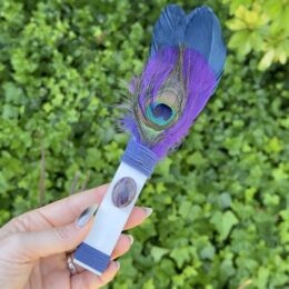 Selenite & Amethyst Peacock Feather Smudge Fan with Stand