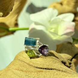 Blue Kyanite, Amethyst & Peridot Ring