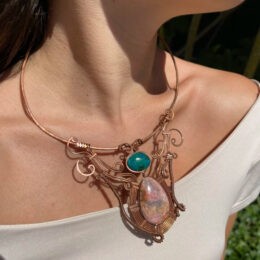 Rhodochrosite & Chrysocolla Copper Wire-Wrapped Necklace