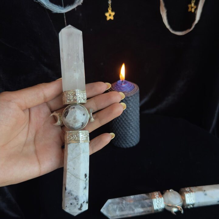 Triple Moon Clear Quartz & Rainbow Moonstone Wand