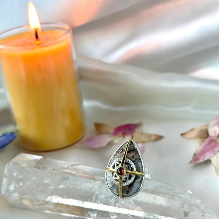 Crazy Lace Agate & Garnet Compass Ring