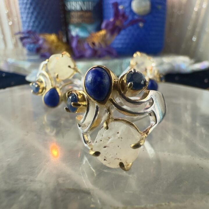 Libyan Gold Tektite, Lapis Lazuli & Blue Sapphire Ring