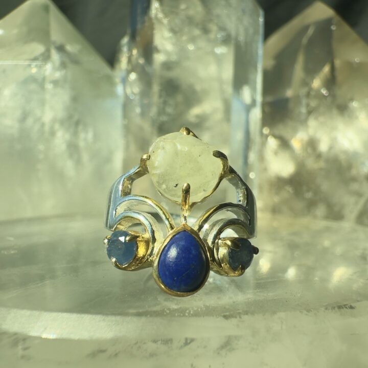 Libyan Gold Tektite, Lapis Lazuli & Blue Sapphire Ring